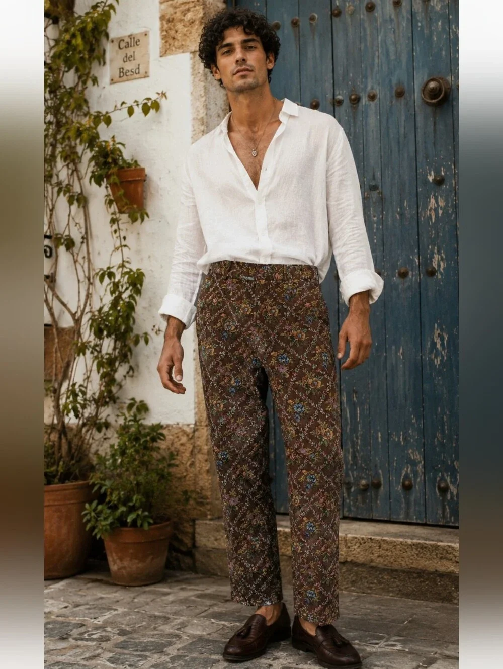 boohooMAN Men’s Floral Tapestry Trousers Chocolate Brown Size 34 NWT